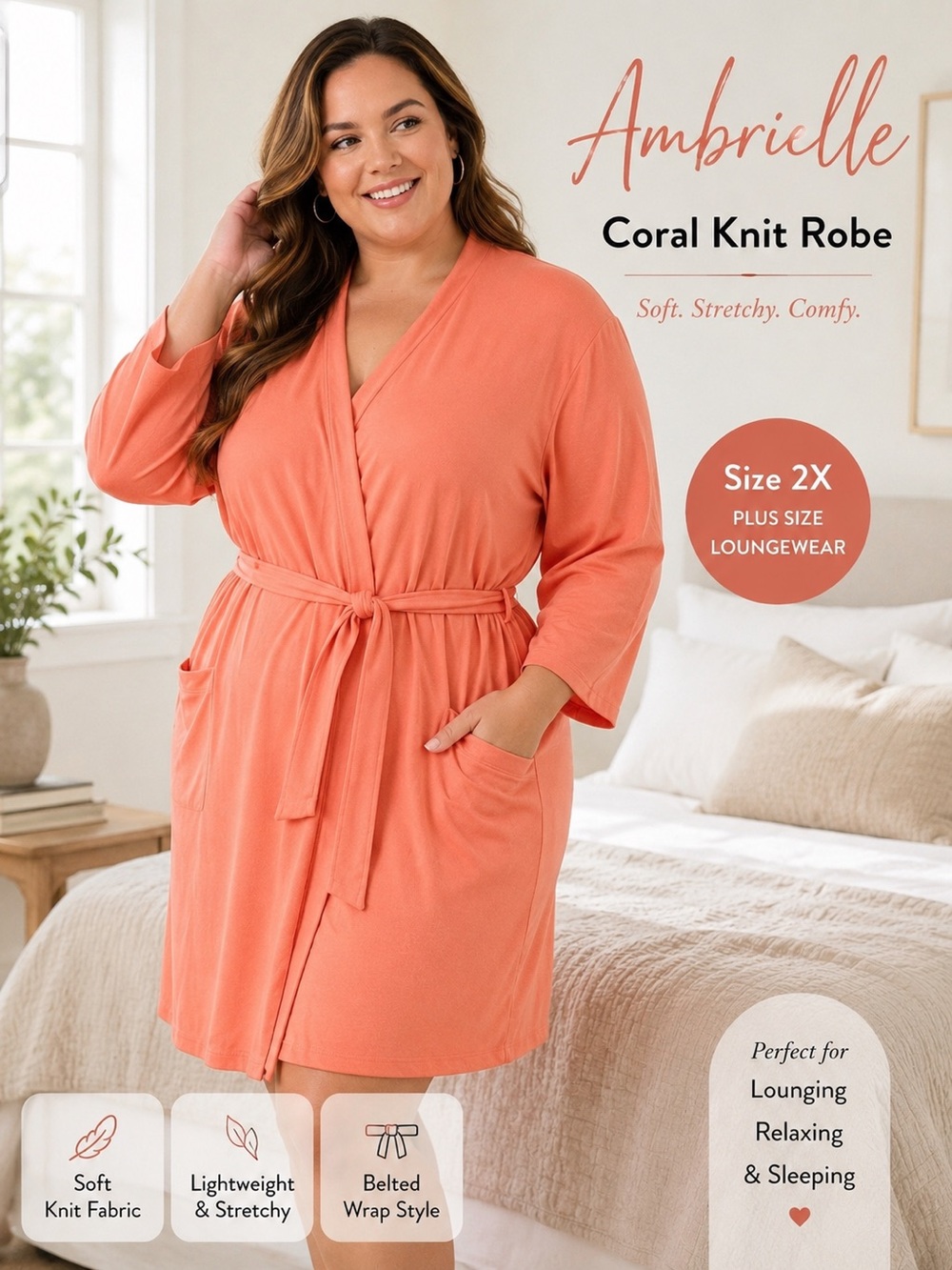Ambrielle Orange Coral Robe 2X Plus Size Soft Knit Belted Lounge Sleepwear